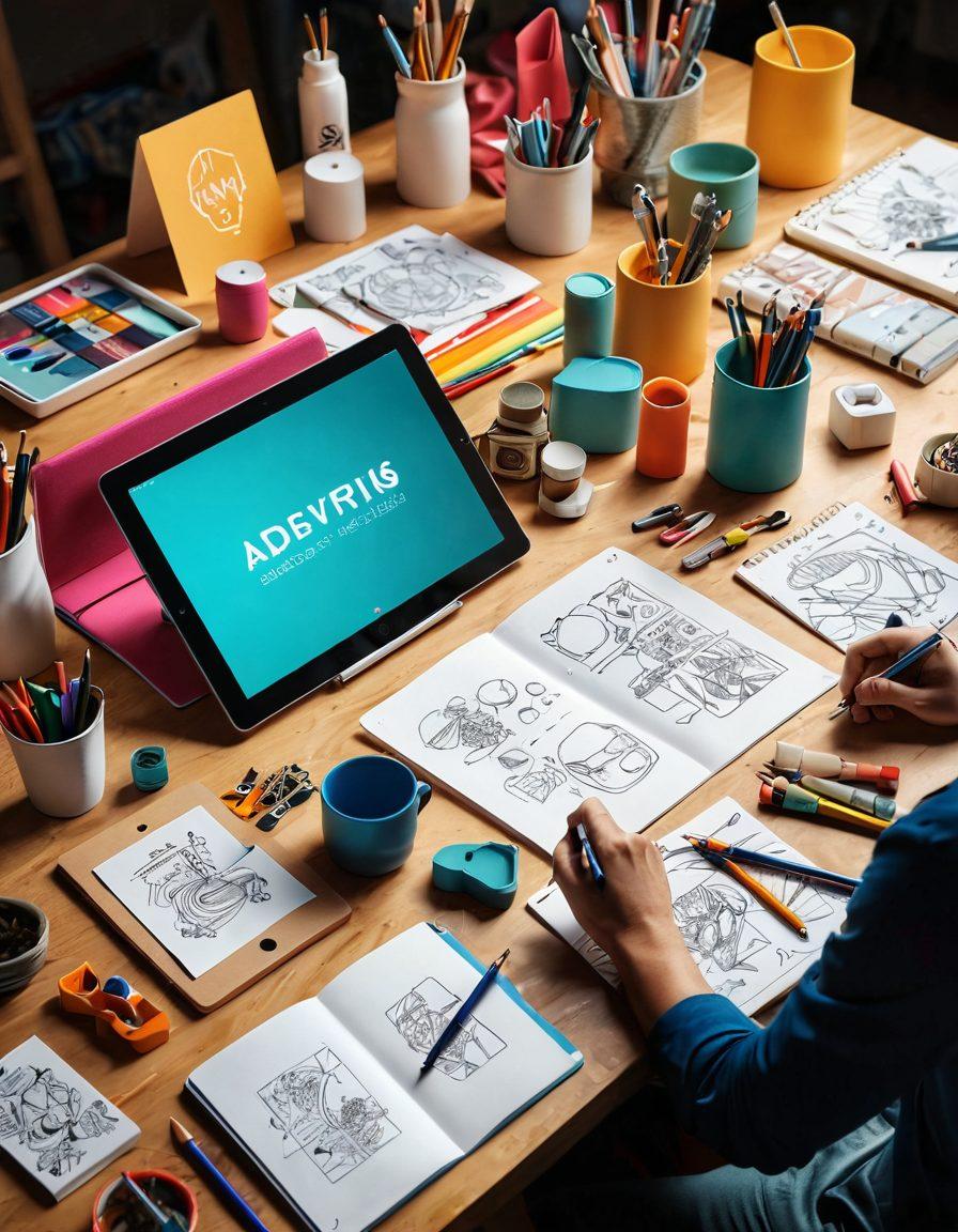 A vibrant workshop scene showcasing diverse designers collaborating on advertising concepts, featuring colorful mood boards, digital tablets, and sketches. Include elements of typography, logo design, and creative brainstorming sessions. Show an inspiring atmosphere with warm lighting and art supplies scattered around. super-realistic. vibrant colors. 3D.