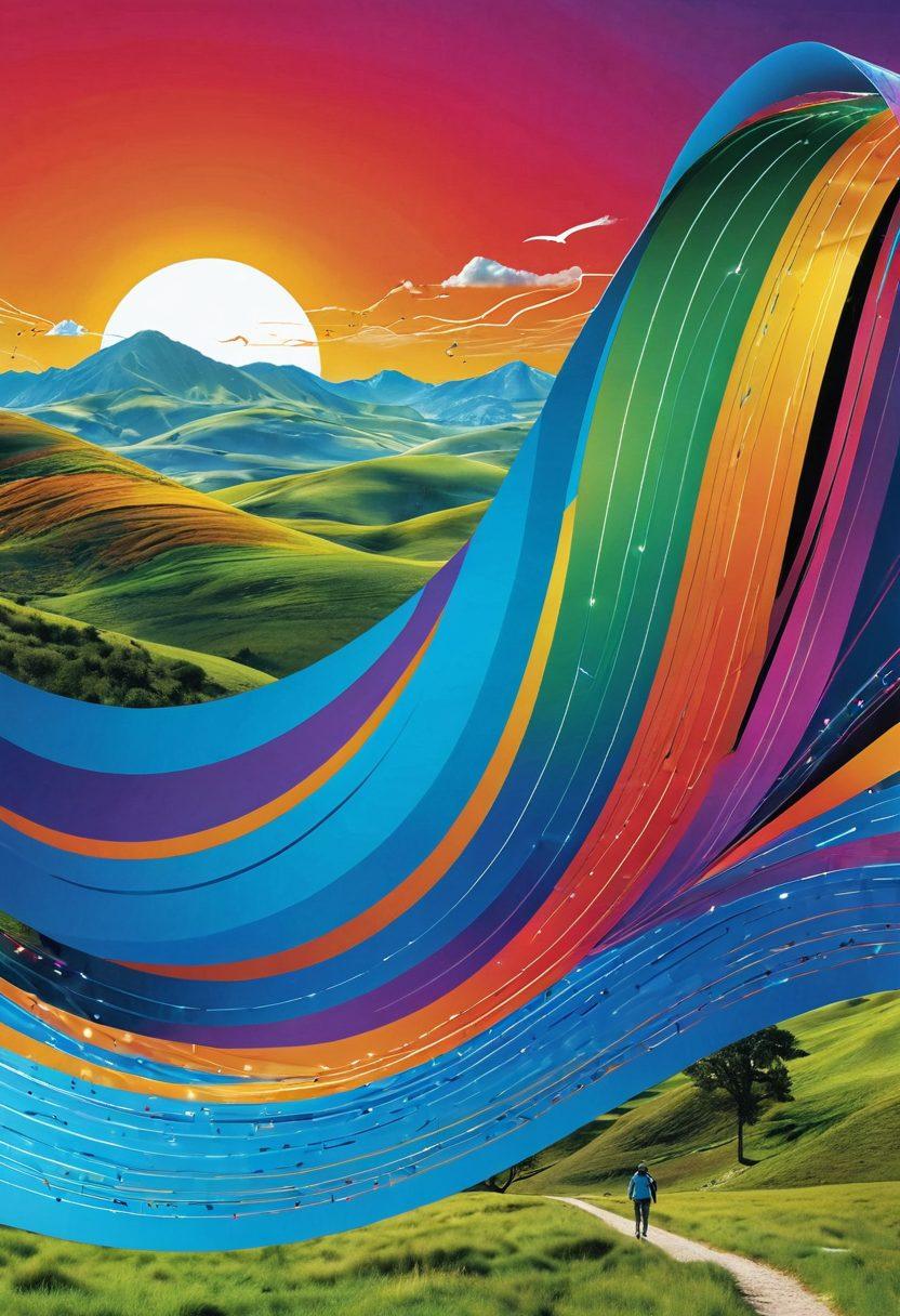 A dynamic digital landscape featuring vibrant and eye-catching banner ads displayed among rolling hills of data streams and flowing circuit patterns. Include diverse figures interacting with the banners, showing engagement and curiosity. Use bright colors to emphasize creativity and innovation in advertising strategies. Super-realistic with a blend of futuristic elements and a clear sky. vibrant colors. 3D.
